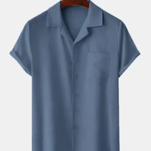 Men Solid Color Short Sleeve Streetwear Shirt In Blue